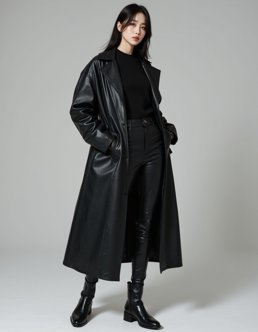 a real picture of a south korea woman,In Rick Owens black leather leggings.