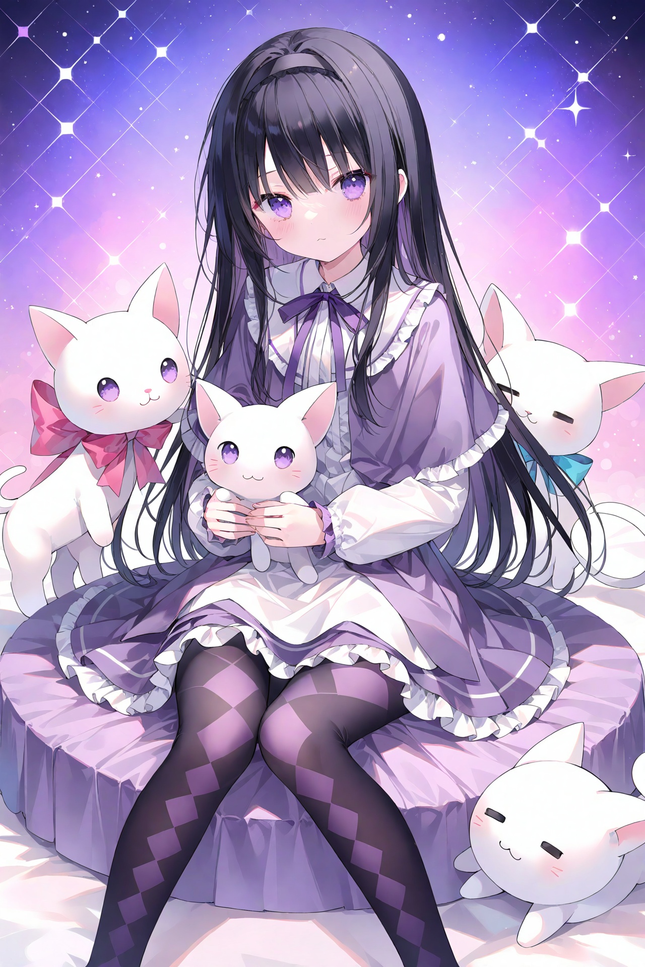 masterpiece,best quality,high quality,(colorful),Artist onineko,1girl,loli,akemi homura,sitting,long hair,pantyhose,black hair,purple eyes,hairband,kyubey,long sleeves,skirt,looking at viewer,argyle legwear,bangs,capelet,black pantyhose,frills,closed mouth,feet out of frame,black hairband,frilled skirt,ribbon,magical girl,:3,shirt,argyle,creature,knees together feet apart,neck ribbon,expressionless,on lap,white shirt,solo,