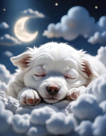 A white pup is sleeping on the clouds. There's a moon in the night sky and no stars Removed From Image ugly,  deformed,  n...