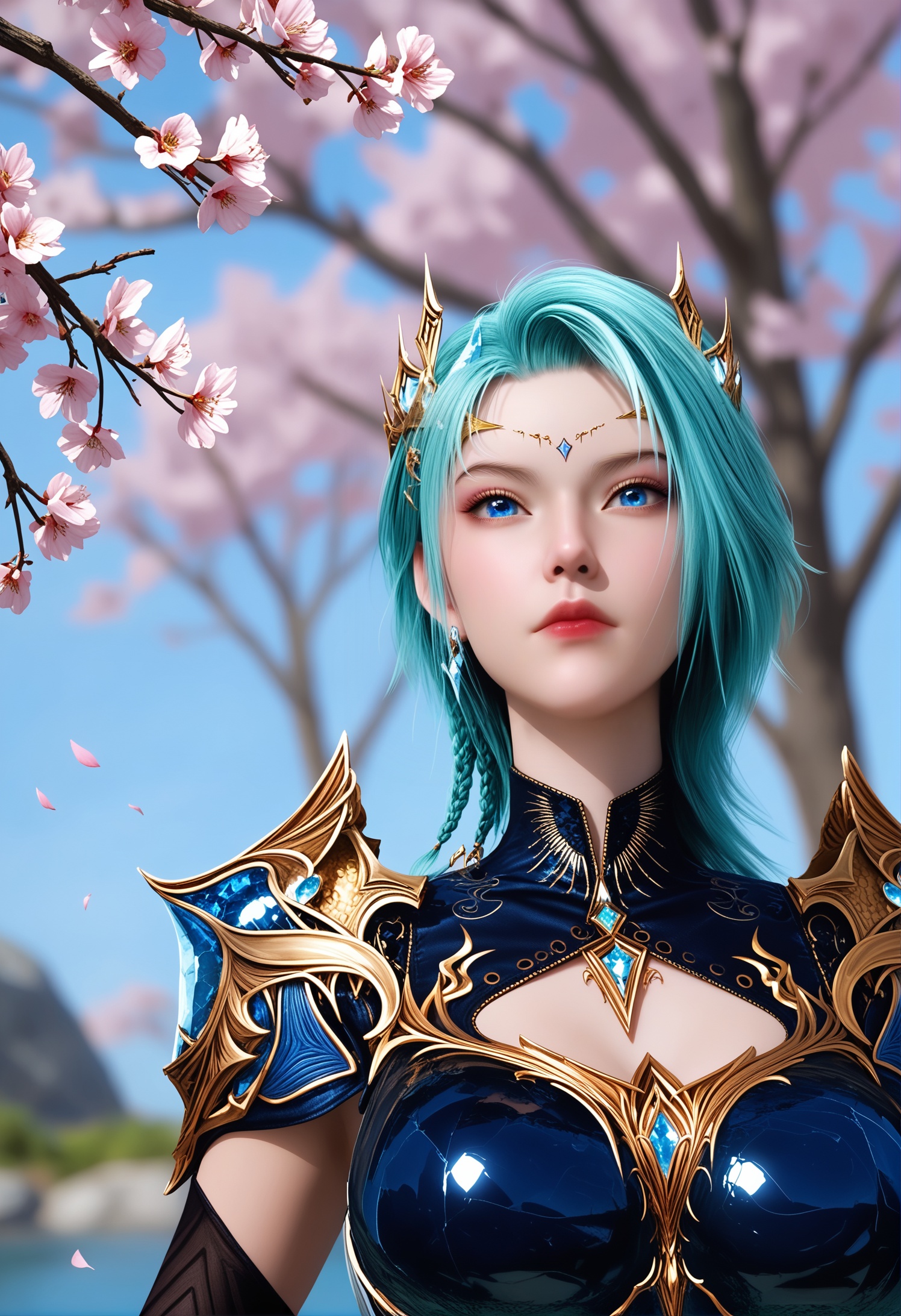 score_9,score_8_up,score_7_up,1girl,solo,realistic,(looking at viewer:1.1),(portrait:1.5),1girl,solo,realistic,dress,blue dress,shoulder armor,breastplate,armored dress,gold trim,detached sleeves,armor,crystal,gem,gloves,elbow gloves,clothing cutout,blue gemstone,black gloves,boots,knee boots,black footwear,high heels,1girl,solo,realistic,jewelry,crown,circlet,hair ornament,head chain,earrings,1girl,solo,realistic,(mature face:1.4),(big eye:0.7),(pale_skin:1.1),(shiny_skin:1.1),(slender face:1.2),medium hair,aqua hair,green hair,blue hair,blue eyes,braid,forehead mark,forehead jewel,eyeshadow,eyelashes,makeup,lips,red lips,closed mouth,realistic,grass,madotsuki,cherry blossoms,falling petals,petals,outdoors,tree,rock,water,<lora:小巳-冰帝-御姐脸:0.85>,