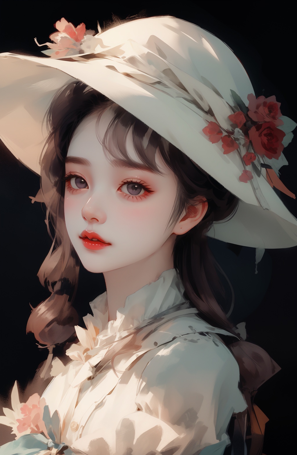 1girl, solo, hat, red lips, parted lips, black eyes, looking at viewer,<lora:Victoria_维多利亚:1>,