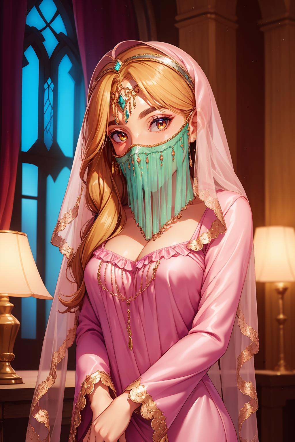 faceveilmask,  (long mouth veil),  [bright forehead jewel on Tensor.Art