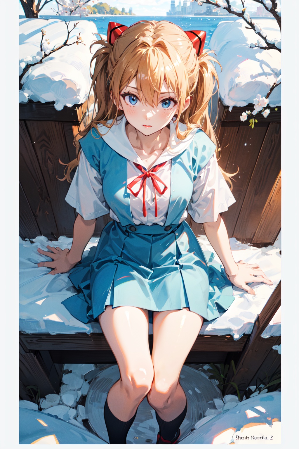<lora:Asuka-000018:0.8>,Asuka CYQL,1girl,looking at viewer,solo,long hair,blue eyes,interface headset,brown hair,orange hair,hair between eyes,two side up,medium breasts,(Asuka School,tokyo-3 middle school uniform,shirt,skirt,white shirt,blue skirt,ribbon,neck ribbon,red ribbon,short sleeves,suspender skirt,hair ornament),(naughty_face:1.2),beautiful face,beautiful eyes,glossy skin,shiny skin,(portrait,from_above,sitting:1.2),arm grab,Climbing roses, Snow-covered cottage, Winter garden, Snowflakes, Winter wonderland, English charm,Magnolias,beautiful detailed sky,beautiful detailed glow,(English text:1.3),(border:1.5),posing in front of a colorful and dynamic background,(masterpiece, best quality, beautiful and aesthetic:1.3),contrapposto,female focus,fine fabric emphasis,wallpaper,fashion,Lipstick,depth of field,intricate_detail,finely_detailed,fine_fabric_emphasis,(glossy),<lora:增强减少细节add_detail:0.3>,