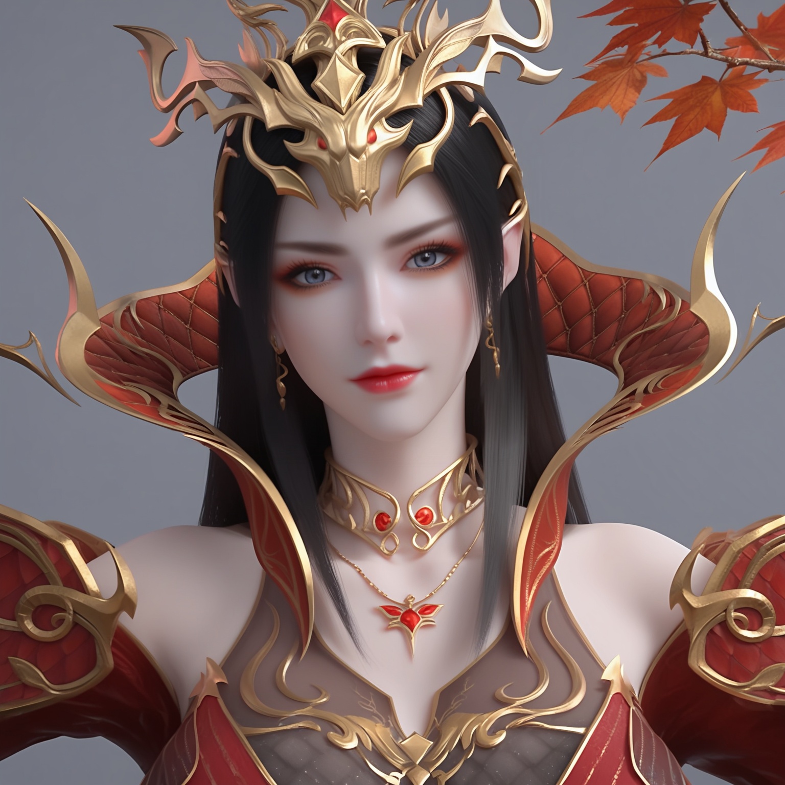 (score_9),upper body,<lora:斗尊美杜莎-apony-000009:0.8>,meidusha,1girl,solo,hair ornament,tiara,long hair,black hair,pointy ears,earrings,(gray-blue eye),cocked eyebrow,collar,popped collar,jewelry,shoulder armor,metal collar,necklace,detached sleeves,long sleeves,see-through sleeves,red dress,(glamor),curvy,mature_female,collarbone,pointy breasts,puffy breasts,(large teardrop breasts),large breasts,(see-through cleavage),BREAKlooking at viewer,selfie,(v sign),closed mouth,BREAK<lora:Expressive_H-000001:0.8>,light blush,Expressiveh,body blush,<lora:e肤色滑块:0.25>,(pale_skin),(light_skin),ultra-detailed skin texture,detailed textures,BREAK<lora:e色温:0.35>,simple background,grey background,twig,autumn leaves,branch,falling leaves,Tyndall effect,available light,depth of field,lens_flare,