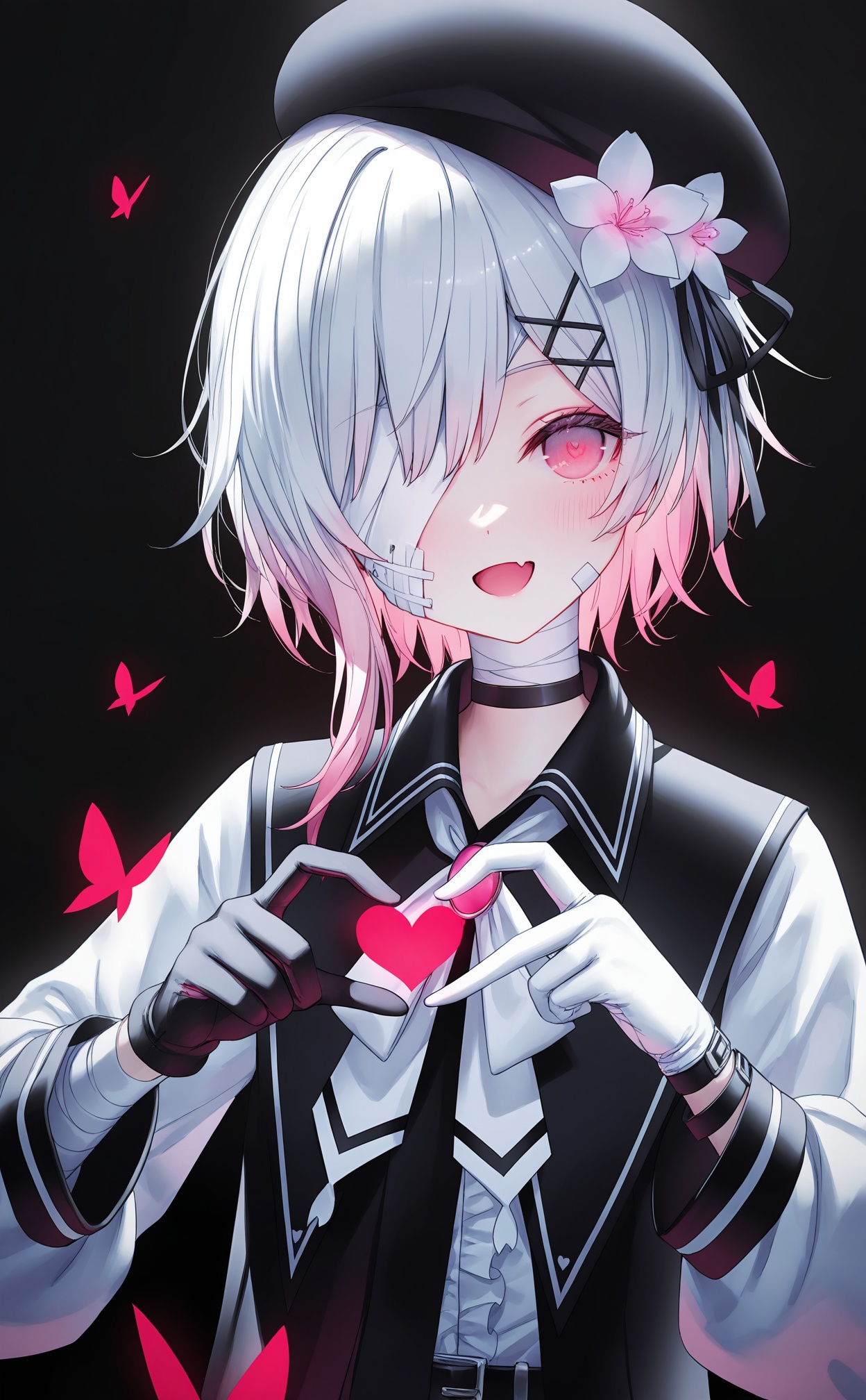 masterpiece,absurdres,best quality,loli,petite,high quality,//,sakuraba_ema, heart_hands, skin_fang, bandage_over_one_eye, heart, pink_eyes, pink_hair, bandages, hat, multicolored_hair, fang, gloves, solo, hair_ornament, white_hair, flower, smile, long_sleeves, beret, x_hair_ornament, black_gloves, looking_at_viewer, shirt, open_mouth, black_headwear, gauze, blush, bug, 1girl, :d, butterfly, upper_body, white_gloves, bandaged_neck, bandage_on_face, white_shirt, two-tone_gloves, hat_flower, bandaged_arm, hair_flower, ribbon, center_frills, androgynous, choker, frills, asymmetrical_gloves, black_belt, hairclip, multicolored_clothes, one_eye_covered, black_ribbon, collared_shirt, virtual_youtuber, black_choker, black_background, white_flower, multicolored_gloves, short_hair_with_long_locks, medium_hair, mismatched_gloves, streaked_hair, gradient_hair, belt, sailor_collar, dark_background, bandaid, black_vest, puffy_long_sleeves, bandaid_on_face//,(rhasta:0.9),Artist:na-ga,(kiwi500g:1.1),(quasarcake:0.2),(wanke:0.9),(iumu:0.72),(toosaka asagi:0.4),(Artist:chen bin:0.9),//,<lora:sakuraba_ema——【noob】hans:0.8>,