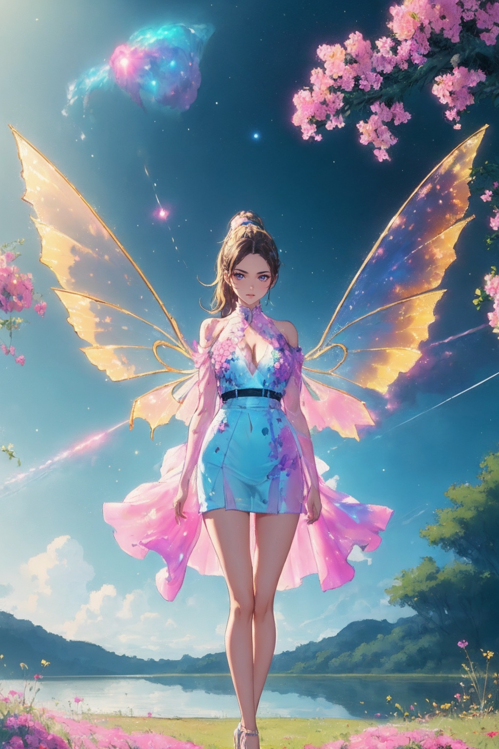 1girl,white see-through dress,short skirt,(very long legs:1.1),(legs apart:1.2),cleavage,tattoo,nebula,(painted clothes:1.3),standing,(transparent wings:1.3),high heels,high ponytail hanging down to the shoulders,lake,flowers,flowers meadows,grasslands,day,sunny sky,outdoors,<lora:Again_Style_2:1>
