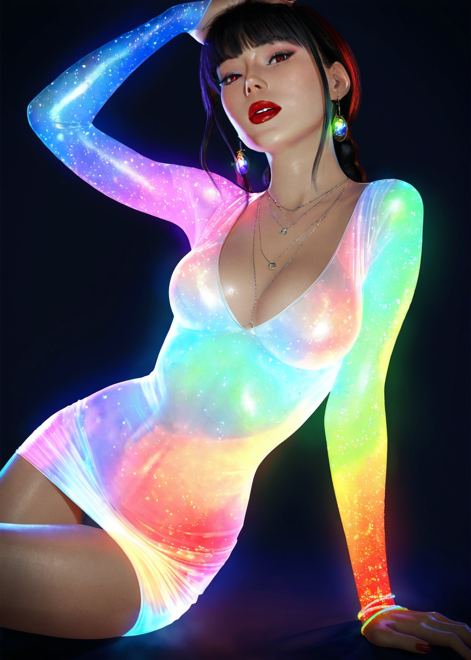 1girl, 20yo slender face, (exquisite and beautiful face:1.2), supermodel body, wearing glowing transparent colorful colors fibre optic clothes, details, hands, ultimate details, breathtaking grandeur, LED internal lighting, fibre optic hair, bangs, makeup, red lips, necklace, earrings, (upper thighs shot:1.3),
