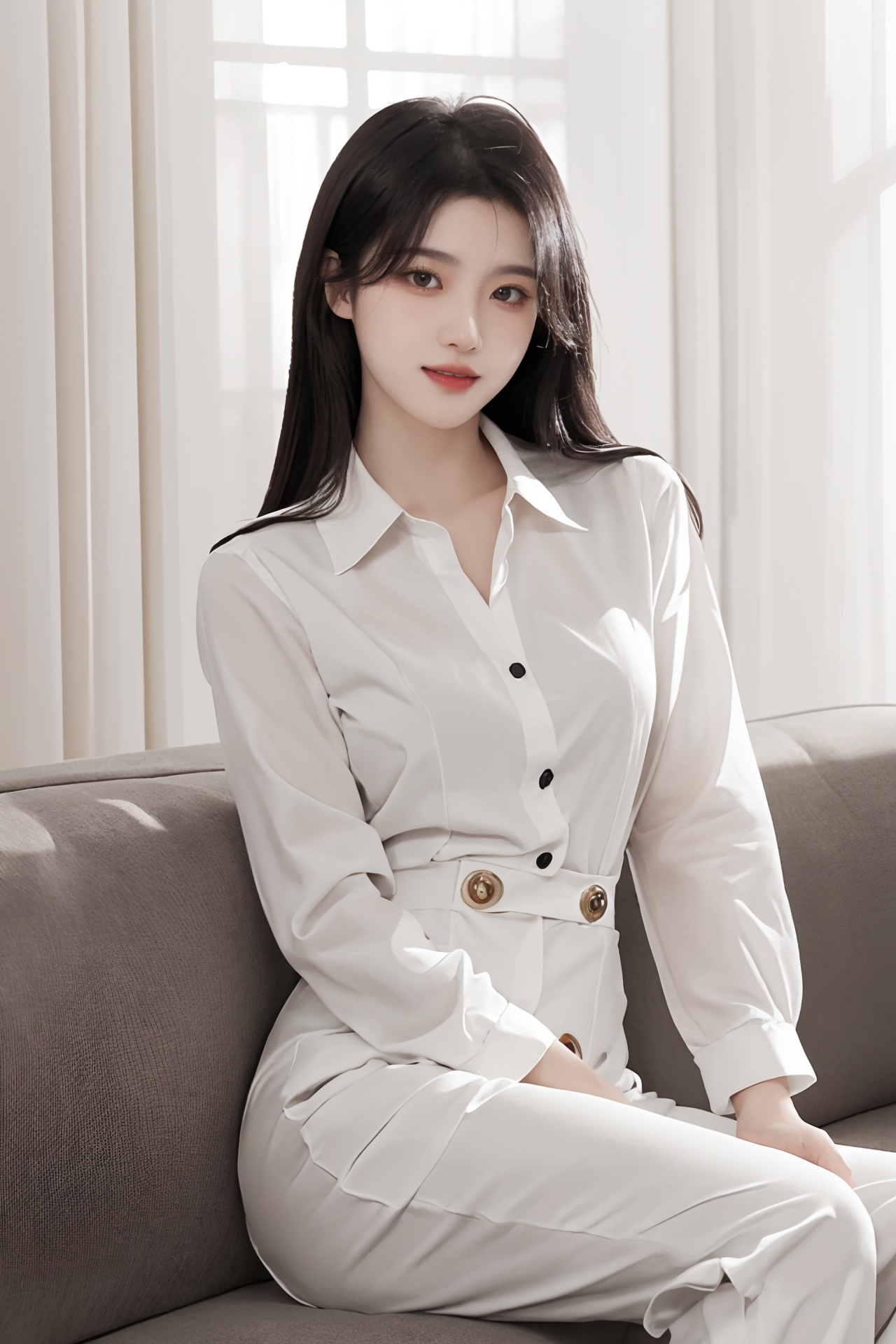 1girl, asian, black hair, brown eyes, buttons, couch, curtains, dress shirt, indoors, lips, looking at viewer, pants, realistic, shirt, sitting, smile, solo<lora:绘画美女1.0:0.66>