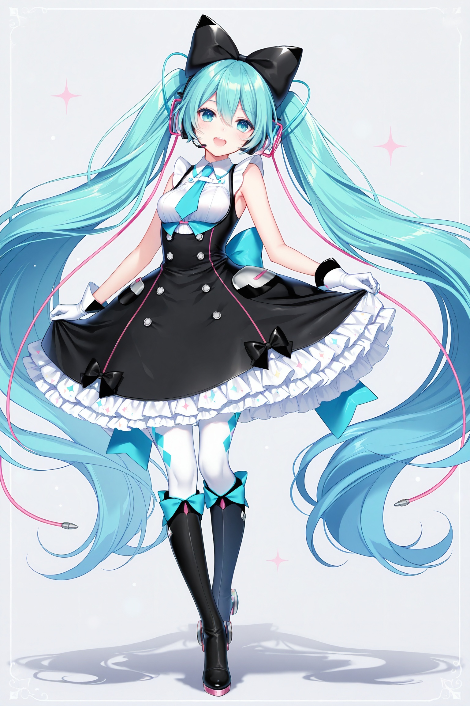 masterpiece,best quality,newest,absurdres,highres,soft shadows,photorealistic,(bison cangshu:0.5),(hiten \(hitenkei\):0.4),(rimuu:0.5),(mignon:0.5),(sheya:0.6),<lora:MMM2016XLNAI:1>,magical mirai miku \(2016\),black bow,hair bow,sleeveless dress,frilled dress,black dress,layered dress,pocket,framed breasts,white thighhighs,high heel boots,knee boots,full body,