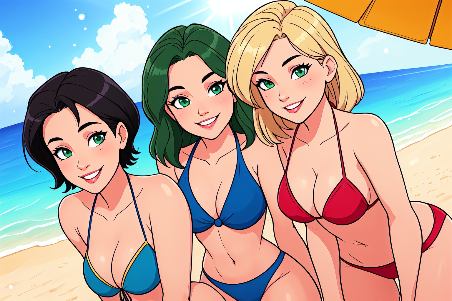 3girls,  black hair,  blonde hair on Tensor.Art