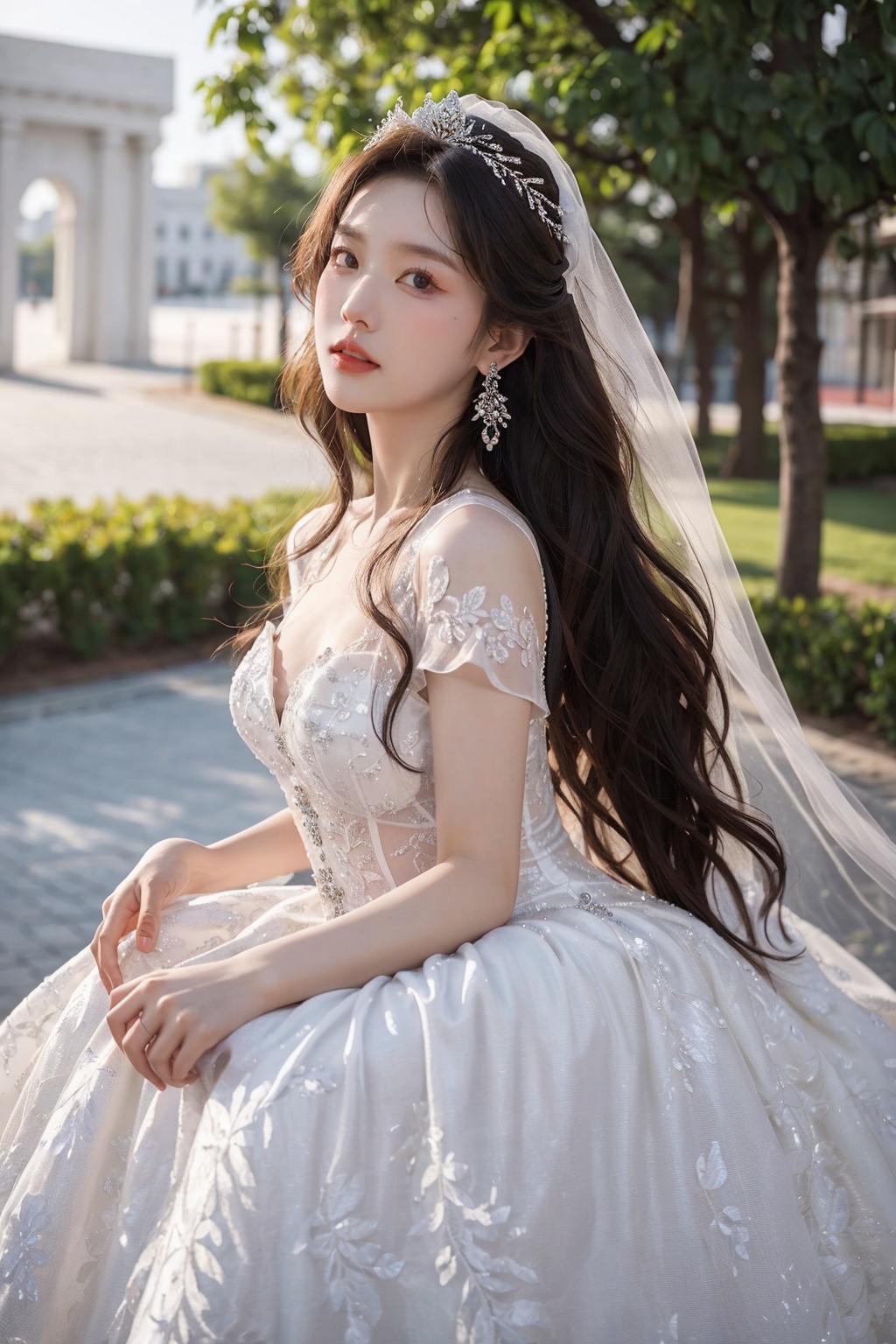 Best Quality,Masterpiece:1.4),(Realism:1.2),(Realisitc:1.2),4K,(photorealistic:1.3),1girl, white wedding dress,long dress,outdoors, flower,  jewelry,print,(Long Wavy Hair),hunsha,veil,Earrings,Jewelry,Tindal Light,<lora:YG梦中婚纱3:0.7>,