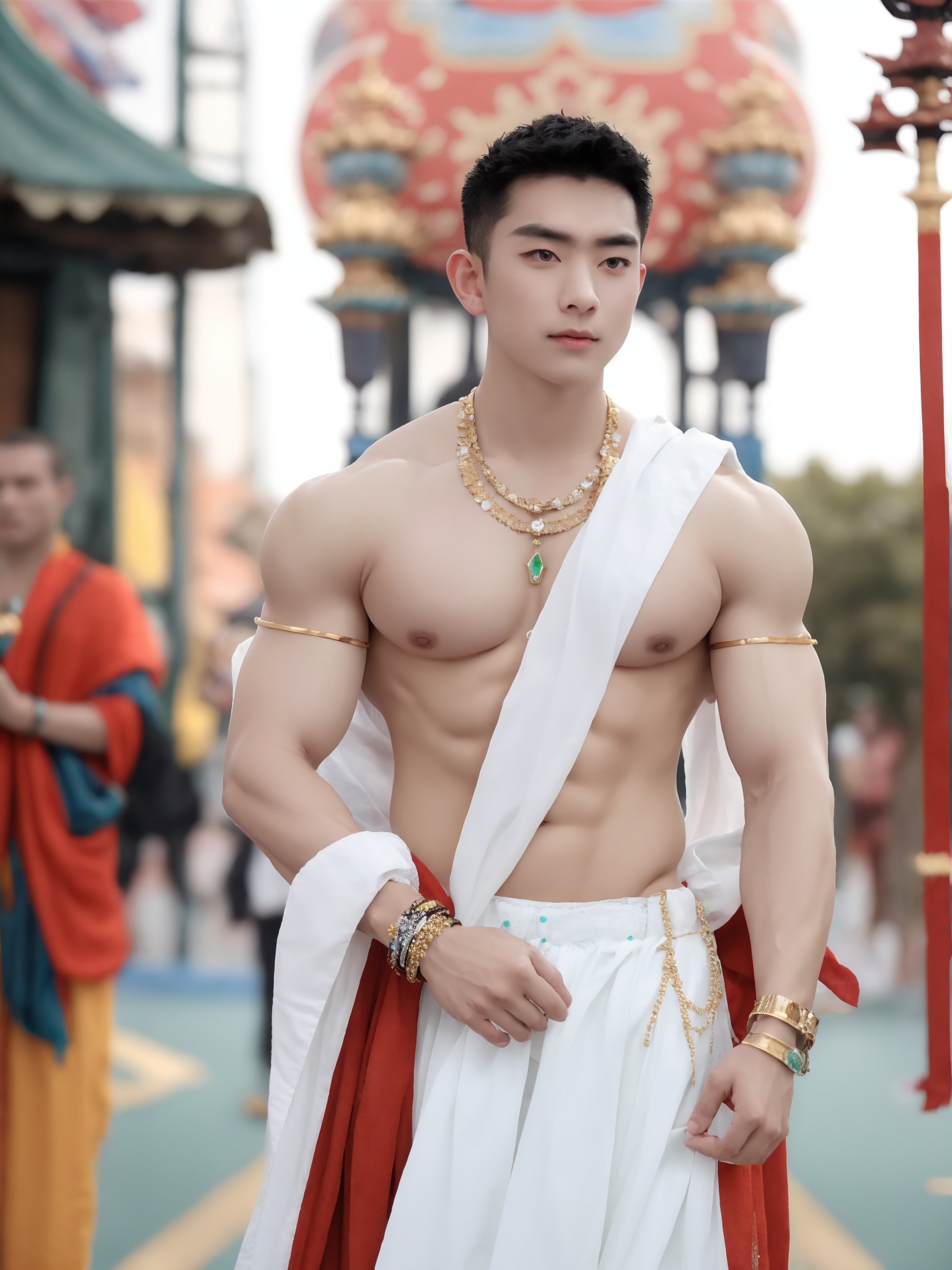 1boy,male focus,solo,jewelry,blurry background,blurry,bracelet,pectorals,cosplay,nipples,short hair,black hair,necklace,very short hair,muscular male,standing,gem,black eyes,