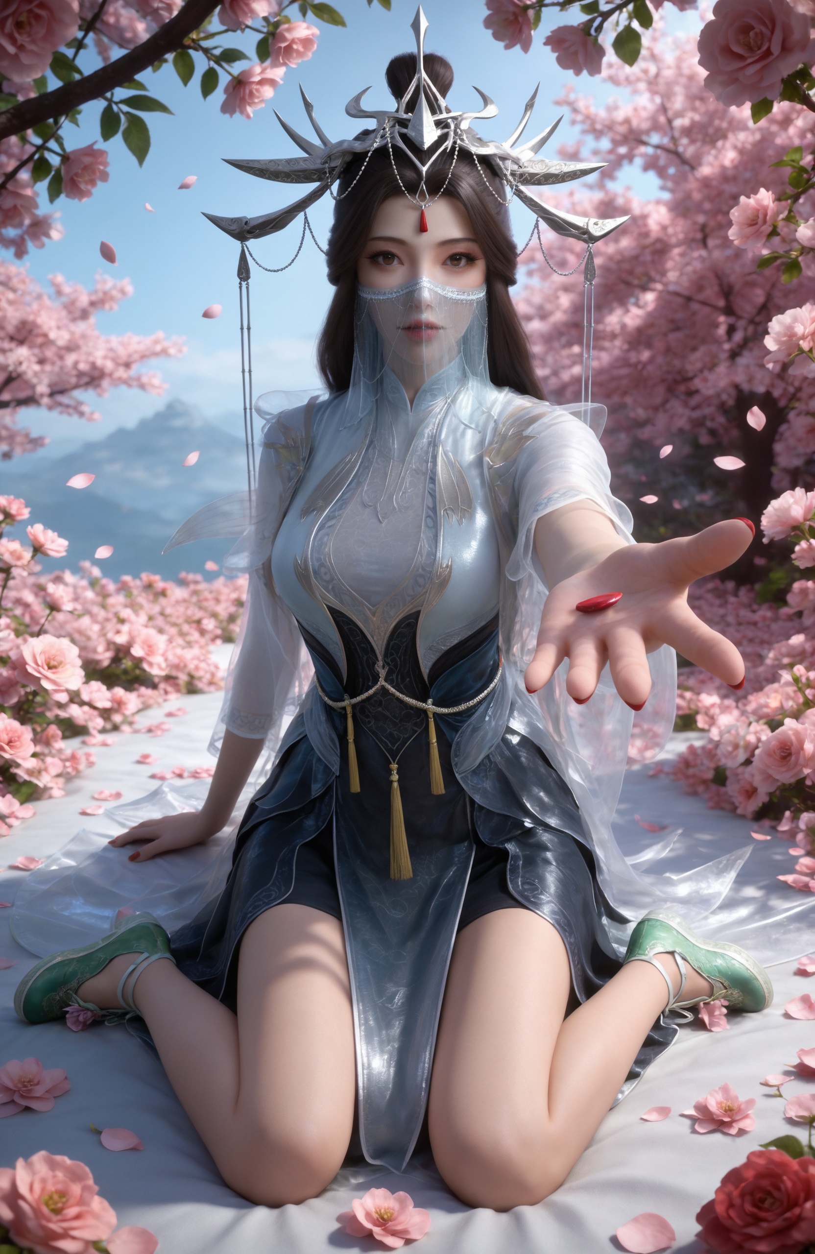 <lora:百炼成神2-玉婆婆Pony:0.7> 1girl, long hair, brown hair, hair ornament, brown eyes,mouth veil, hair bun, tiara,dress, chinese clothes, see-through, white dress,black dress, bare legs,green footwear,, masterpiece,best quality,amazing quality,very aesthetic,high resolution,ultra-detailed,absurdres,scenery,photorealistic,looking at viewer,moody lighting,peach blossom,falling petals,realistic,photorealistic details,, 1girl,solo,lying,flower,,looking at viewer,rose,red nails,parted lips,red rose,nail polish,see-through,outstretched arm,outstretched hand,breasts,reaching towards viewer,
