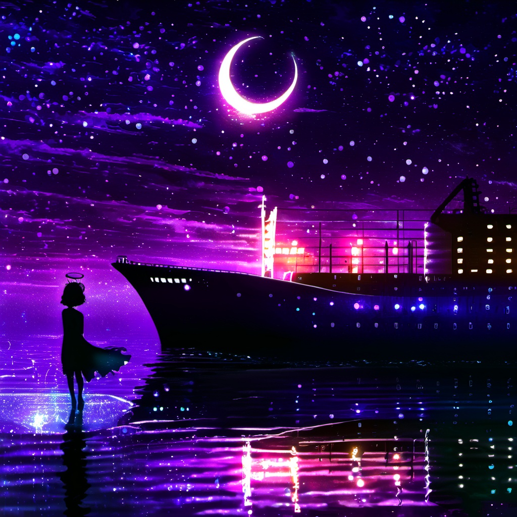 <lora:star_xl_v2:1>,a person standing on a beach next to a large ship at night with a full moon in the sky, 1girl, solo, short hair, dress, standing, outdoors, sky, cloud, water, night, halo, moon, star \(sky\), night sky, scenery, starry sky, crescent moon, building, reflection, city, fantasy, city lights, The image portrays a serene nighttime scene by a body of water. The sky is painted with hues of purple, blue, and a crescent moon. The water reflects the colors of the sky and the lights from the ship. On the left, a silhouette of a girl stands by the water's edge, gazing at the ship. She wears a dress and has a glowing headpiece. The ship, illuminated with lights, appears to be a large vessel with multiple decks. The entire scene is bathed in a magical ambiance, with sparkles and particles floating in the air, adding to the dreamy atmosphere., body of water, ship, girl, headpiece, decks, magical ambiance, sparkles, particles