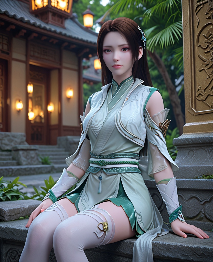 (oriental architecture, elegant decor, sophisticated style:1.1),(sitting against the wall:1.1),looking at viewer,(breasts:1.2),<lora:XL斗破苍穹斗皇纳兰嫣然:0.95>,miss yanran,aloes green dress,vest,sash,aloes green overskirt,green miniskirt,brown eyes,black hair,long hair,hair ornament,wristband,white thighhighs,, score_9,score_8_up,score_7_up,score_6_up,score_5_up,score_4_up,3d rendering,tag1,tag2, Cinematic Lighting,backlighting,, zPDXL3, zPDXL2,zPDXL, zPDXLxxx, zPDXLrl,