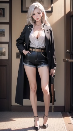 (best quality), ((masterpiece)), (highres), illustration, original, extremely detailed,1girl, solo, korean text, shorts, weapon, gun, long hair, short shorts, breasts, cleavage, rifle, coat, belt, black shorts, medium breasts, white hair, jacket, full body, high heels, lips, looking to the side