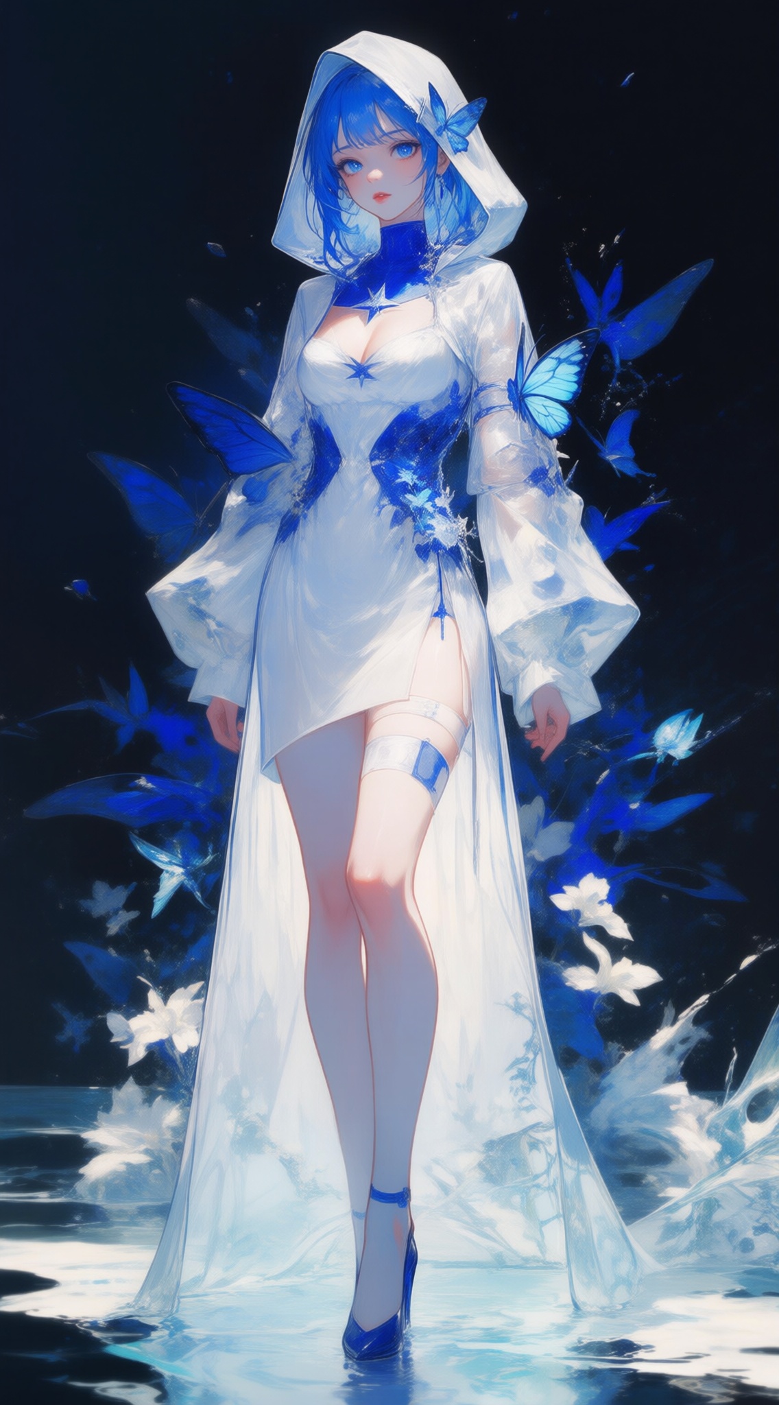 This is a digital illustration,, shorekeeper,shorekeeper,1girl,solo,blue hair,blue eyes,hood up,looking at viewer,breasts,hood,hair between eyes,bangs,dress,star (symbol),long hair,white dress,collarbone,see-through,parted lips,jewelry,arm strap,blue choker,, unconventional supreme masterpiece,with a high-end texture,(masterpiece, best quality:1.2),top quality,masterful details,extreme detailed,butterfly,blue butterfly,water,night,standing,full body,standing on one leg,flower,looking at viewer,medium breasts,outdoors,high heels,bangs,night sky,, (artist:quasarcake:0.8),extreme aesthetic,(wlop:0.6),(honjou raita,lack,rella,wanke:0.5),masterpiece,best quality,good quality,newest,year 2024,year 2023,very aesthetic,absurdres,Visual impact,A shot with tension,ultra-high resolution,32K UHD,sharp focus,best-quality,masterpiece,Emotionalization,unconventional supreme masterpiece,masterful details,temperate atmosphere,with a high-end texture,in the style of fashion photography,(Visual impact:1.2),giving the poster a dynamic and visually striking appearance,impactful picture,offcial art,colorful,splash of color,movie perspective,masterpiece,best quality,amazing quality,very aesthetic,absurdres,best quality,newest,, Negative prompt: ng_deepnegative_v1_75t,(badhandv4:1.2),EasyNegative,(worst quality:2),,nsfw, Steps: 30, Sampler: Euler, CFG scale: 4.0, Seed: 4131959439, Size: 1142x2048, Model hash: 98763a1277, Model: Qwen-Image_1.0.safetensors, Denoising strength: 0, RNG: CPU, Lora 1: ZOZ_情绪插画04, Lora Hash 1: e826ccab9b, Lora Weight 1: 0.8, vae_name: automatic