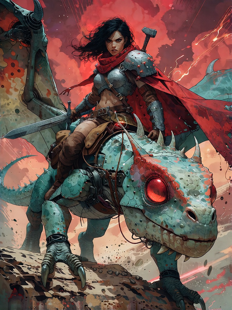 Bradhamel art style. A fierce,  dark-haired woman with a determined expression,  wearing detailed armor and a red-orange c...