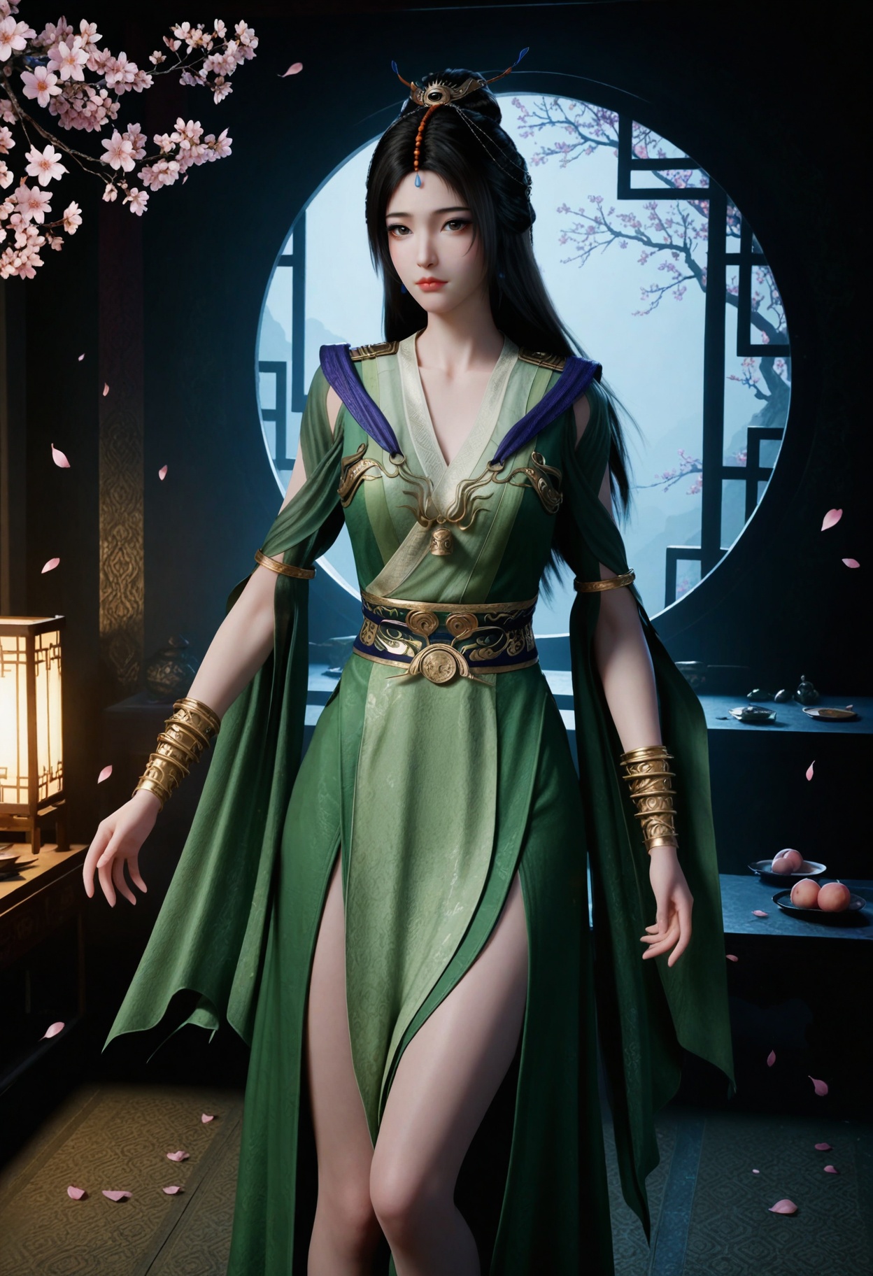 (looking at viewer:1.1),upper body,(Dark room:1.3),(moody lighting:1.1),peach blossom,falling petals,(large breasts:0.8),liuyu,1girl,solo,black hair,hair ornament,long hair,green dress,realistic,dress,chinese clothes,closed mouth,jewelry,bracelet,sash,hair bun,brown eyes,clothing cutout,barefoot BREAK masterpiece,(best quality),(intricate details:0.9),(realistic skin:1.2),<lora:QQSillliuyuV1:0.8>,