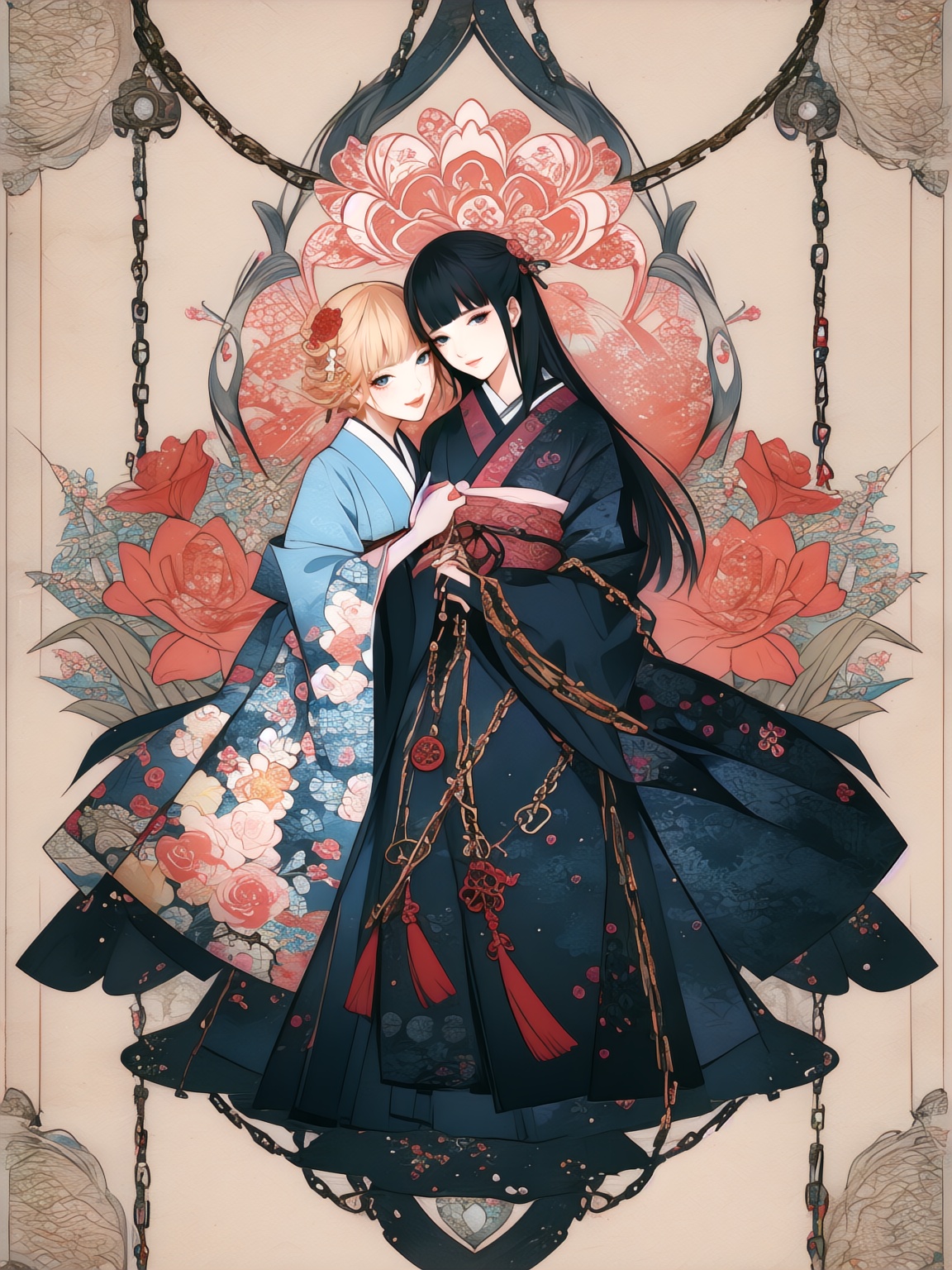 style\(ukiyoe\),japanese line art,two school girls in a garden tying each other up with chains and rope,knots,bdsm,floral damask background,in the style of  takato yamamoto,