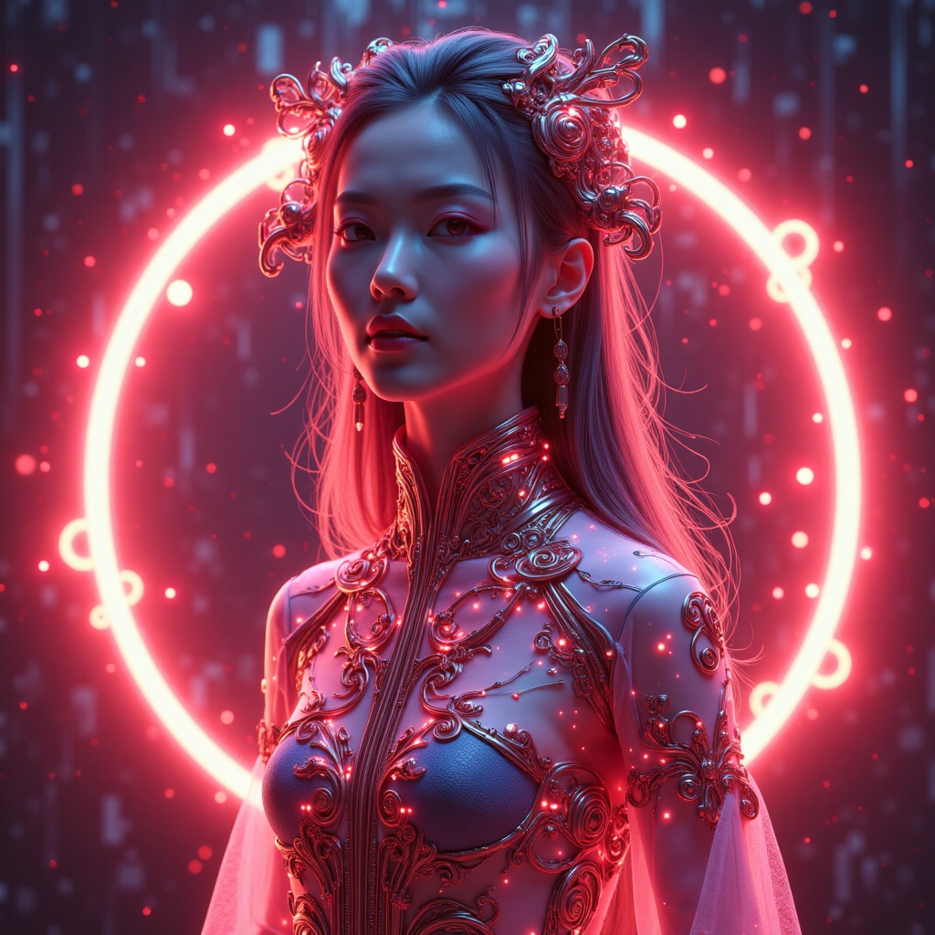 JQZX,Best picture quality,realistic,photography,good work,Best picture quality,8K,HDR,High quality,girl,3D stereoscopic face,white skin,delicate features,indifferent expression,looking down camera,Chinese costume,Holographic projection,Holographic belt,Holographic halo,fluorescent,Long hair,hair accessories,earrings,bracelets,Cyberpunk,Mecha,Model pose,A photo full of tension,red sky and visual impact,Fairy,Taoist,Energy fluid,Glow,Light Particle effect,Floating energy scroll,best picture quality,Masterpiece,8k,OC renderer rendering,futuristic,3D rendering,