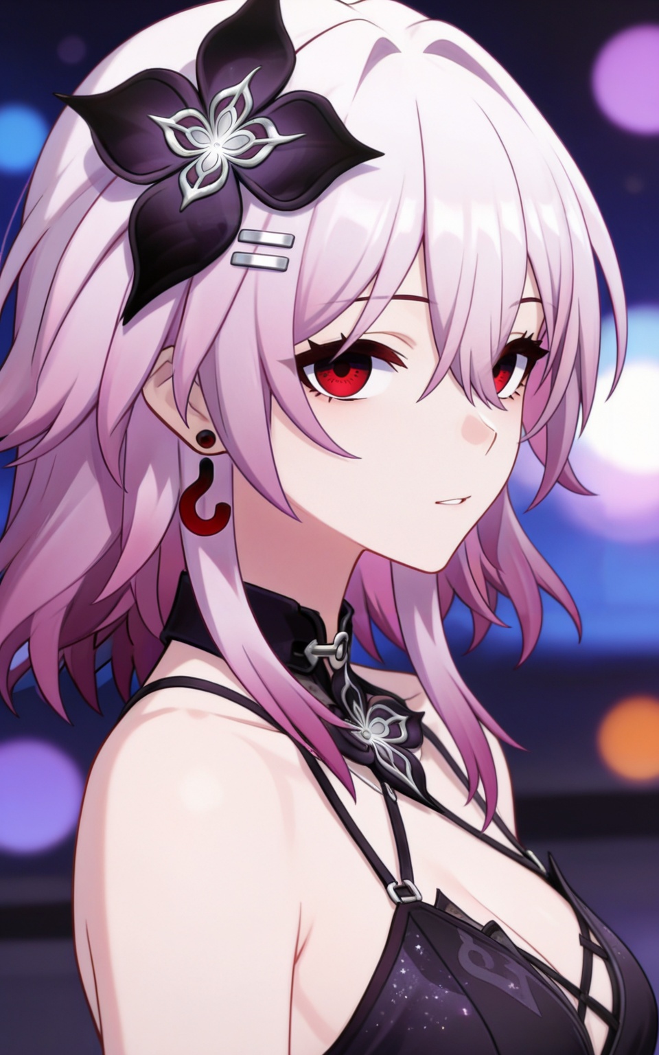 depth of field,masterpiece,best quality,very aesthetic,alternate costume,alternate costume,2024,2023,perfect composition,ultra-detailed,extreme aesthetic,masterpiece,best quality,good quality,newest,year 2024,year 2023,very aesthetic,absurdres,looking_at_viewer,colorful,upper_body,<lora:长夜月·衣服百搭款ILL:0.8>,red eyes,march 7th \(honkai: star rail\),pink hair,empty_eyes,multicolored hair,streaked hair,medium hair,hair flower,hair_ornament,earrings,single earring,black flower,