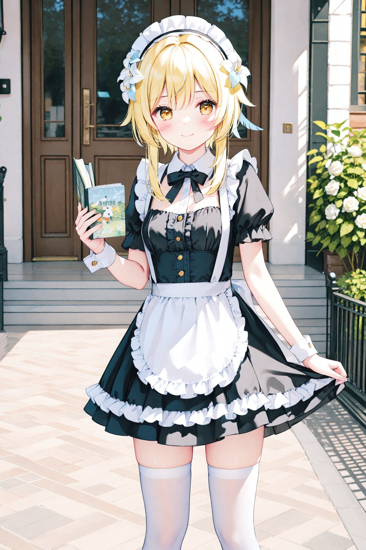 masterpiece,best quality,illustration,ultra detailed,hdr,Depth of field,(colorful),[iumu],[Artist chen bin],Artist miyase mahiro,lumine (genshin impact),1girl,hair flower,blonde hair,maid,thighhighs,looking at viewer,hair ornament,blush,flower,bra,maid headdress,white thighhighs,breasts,underwear,solo,smile,holding,apron,maid apron,black bra,dress,short sleeves,yellow eyes,black dress,bag,short hair with long locks,frills,closed mouth,puffy short sleeves,alternate costume,medium breasts,puffy sleeves,bow,book,wrist cuffs,white flower,outdoors,