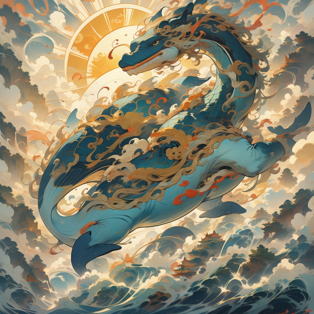 Thick color style, ancient Chinese mythology style, whale, 1 whale solo,flying in the clouds, surrounded by clouds and sun