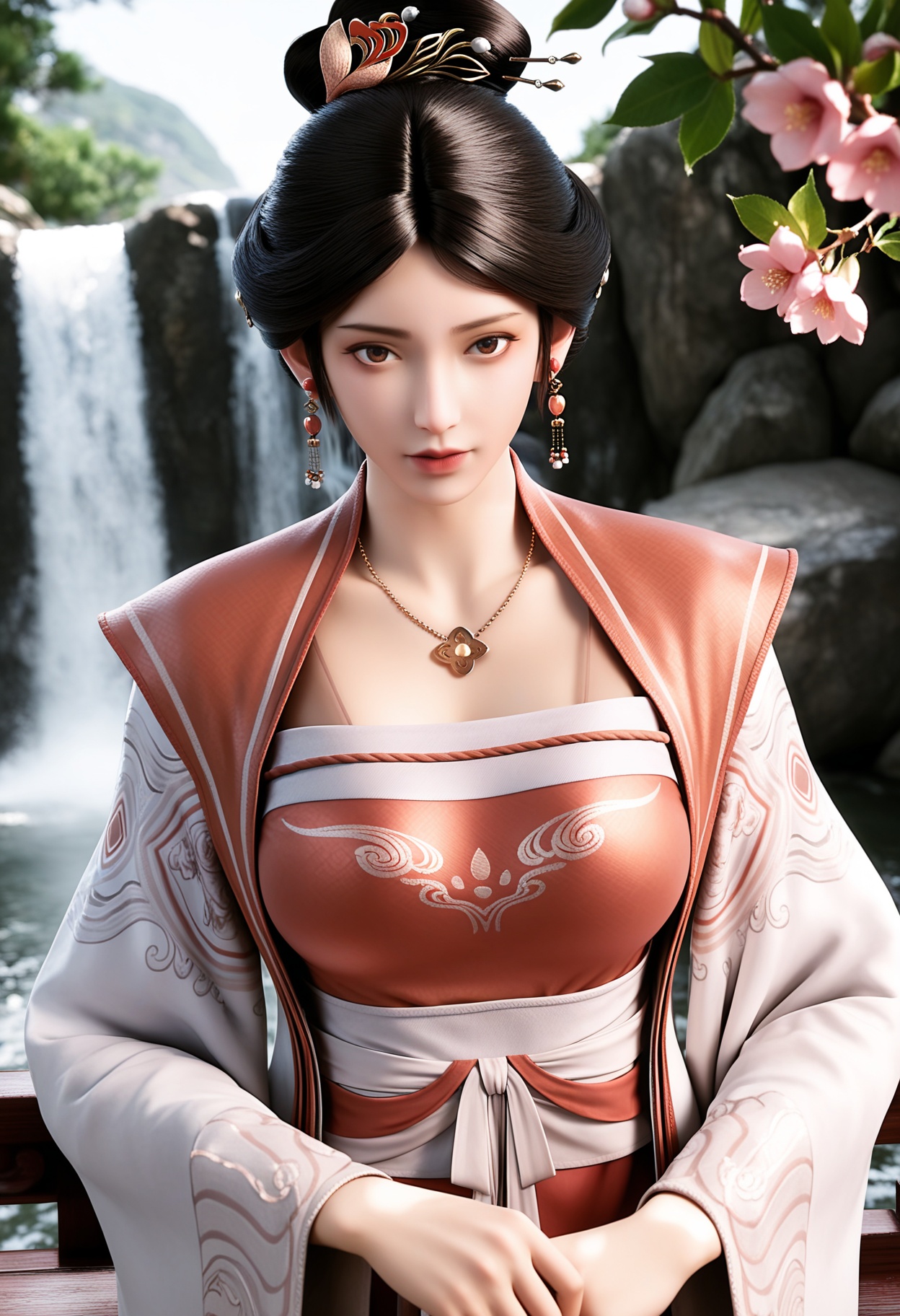 masterpiece,best quality,amazing quality,high resolution,ultra-detailed,absurdres,(looking at viewer:1.1),upper body,(moody lighting:1.1),waterfall,peach blossom,falling petals BREAK (large breasts:0.8),xushi,1girl,solo,black hair,jewelry,earrings,realistic,hair ornament,hair bun,necklace,brown eyes,chinese clothes,lips,long sleeves,dress,hanfu,shoes BREAK photorealistic details,<lora:QQSillxushiV1:0.8>,