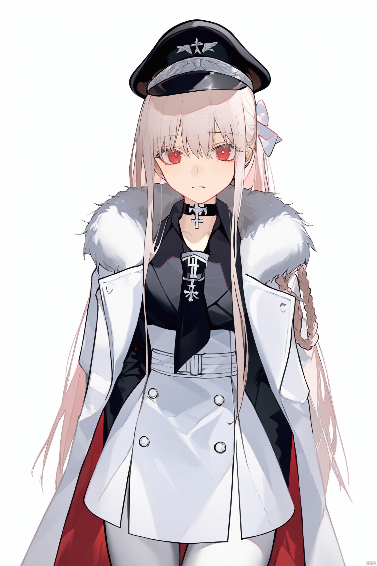 1girl, black_choker, black_headwear, bolt_action, choker, coat, cowboy_shot, cross_choker, fur, fur-trimmed_cape, fur-trimmed_coat, fur-trimmed_hood, fur-trimmed_jacket, fur-trimmed_sleeves, fur_cape, fur_coat, fur_collar, fur_trim, gun, hat, jacket, jacket_on_shoulders, kar98k_\(girls'_frontline\), long_hair, looking_at_viewer, military_hat, peaked_cap, red_eyes, rifle, simple_background, solo, weapon, white_background