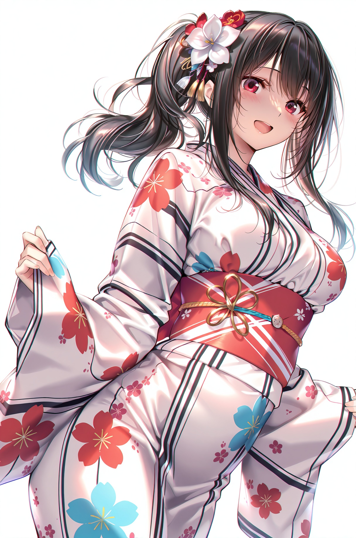 1girl,solo,japanese clothes,hair ornament,long hair,kimono,flower,hair flower,sash,obi,open mouth,black hair,red eyes,looking at viewer,white background,smile,blush,side ponytail,simple background,floral print,white kimono,sidelocks,yukata,long sleeves,breasts,:d,print kimono,wide sleeves,