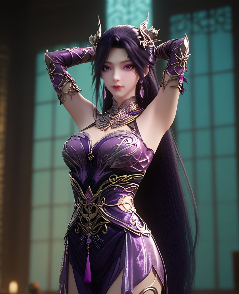 (oriental architecture, elegant decor, sophisticated style:1.1),(With arms raised and fingers intertwined above her head, stretching upwards, she channels energy and rejuvenation:1.1),(breasts:1.2),<lora:XL16长生界燕倾城:0.95>,miss yanqiancheng,purple dress,purple eyes,eyeshadow,very long hair,dark purple hair,hair ornament,earrings,jewelry,bare shoulders,detached sleeves,wristlet,sash,spiral leg decoration,, score_9,score_8_up,score_7_up,score_6_up,score_5_up,score_4_up,3d rendering,tag1,tag2, Cinematic Lighting,backlighting,