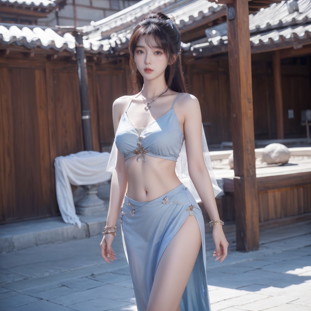 xuer Chinese goddess,1girl,solo,jewelry,blurry background,long hair,necklace,bare legs,navel,architecture,blue eyes,pelvic curtain,east asian architecture,hair ornament,brown hair,breasts,black hair,midriff,outdoors,looking at viewer,see-through,standing,closed mouth,bracelet,<lora:20231109-1699510907344:0.6>