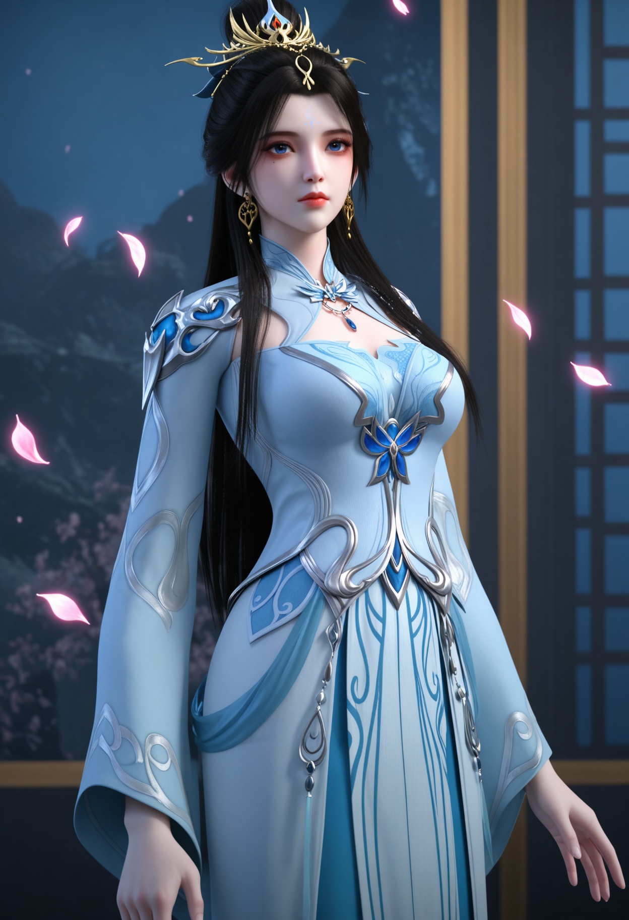 (cowboy shot:1.2),(looking at viewer:1.1),masterpiece,(best quality),smog,Dark room,dim lighting,peach blossom,falling petals,<lora:YQ_Illustrious光辉v5_姬凝霜_服装2_V1:0.8>,q1528437228,1girl,solo,long hair,hair ornament,black hair,jewelry,earrings,dress,blue eyes,forehead mark,hair bun,white dress,chinese clothes,long sleeves,blue dress,brown hair,single hair bun,necklace,wide sleeves,mole,collar,mole under eye,boots,