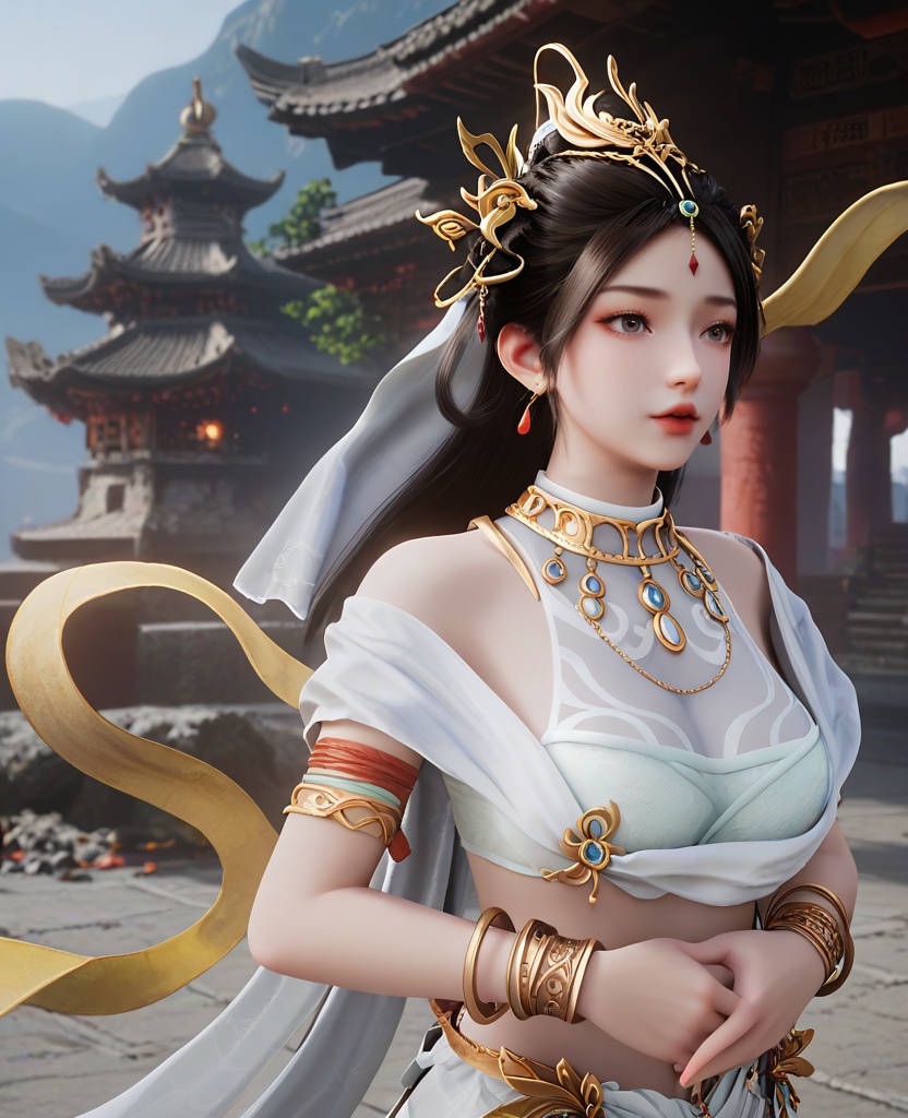 (oriental architecture, elegant decor, sophisticated style:1.1),(floating:1.1),(breasts:1.2),<lora:XL16遮天瑶池圣女:0.95>,miss yaochi,sarashi,cleavage mesh,choker,white wrap skirt,silk shawl,grey eyes,black hair,long hair,hair ornament,jewelry,earrings,forehead pendan,armlet,bracelet,white headscarf,, score_9,score_8_up,score_7_up,score_6_up,score_5_up,score_4_up,3d rendering,tag1,tag2, Cinematic Lighting,backlighting,