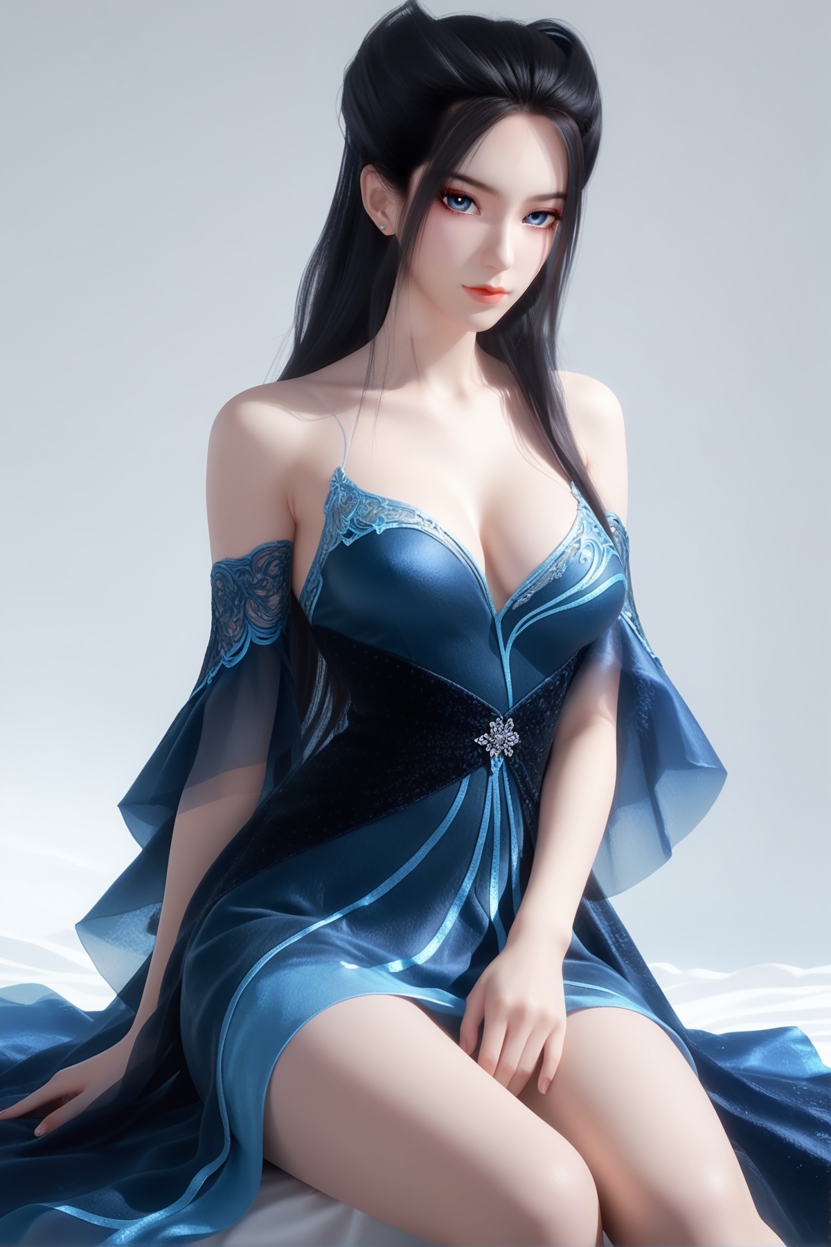 score_9,score_8_up,score_7_up,<lora:wy_yanlingji_ly_XLdz:0.8>,black hair,blue eyes,1girl,long hair,breast,medium breast,hair_ornament,dress,blue_dress,thick_thighs,sitting,simple background,white_background,