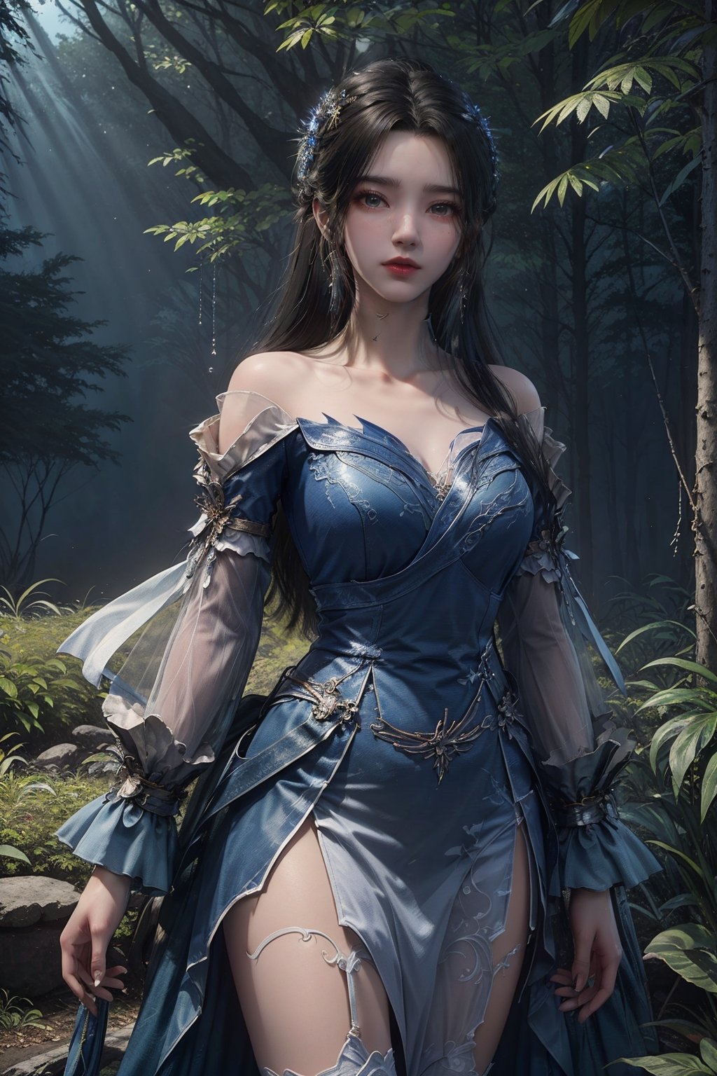masterpiece,best quality,official art,extremely detailed CG unity 8k wallpaper,1girl,cowboy shot,pov,light rays,chiaroscuro,lens flare,shiny skin,forest of magic,magic circle,ice cube,<lora:李慕婉:0.6>,