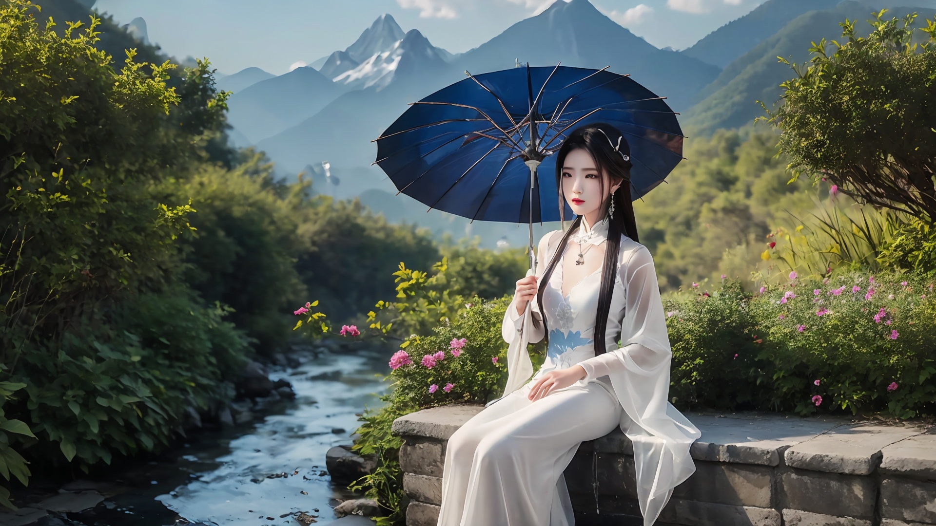 1girl,umbrella,solo,dress,white dress,holding umbrella,jewelry,long hair,black hair,holding,outdoors,chinese clothes,mountain,earrings,necklace,long sleeves,<lora:girl solo luxueqi_20240911015355:0.8>,