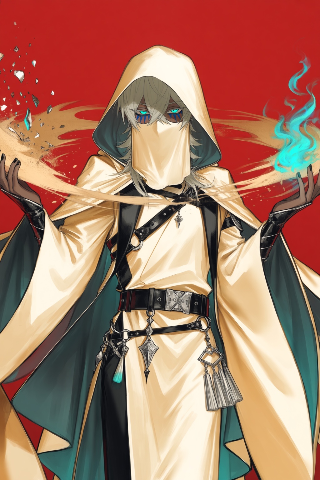 A stylized fantasy portrait features a desert sorcerer standing against a flat crimson sky. They have dark skin,  platinum...