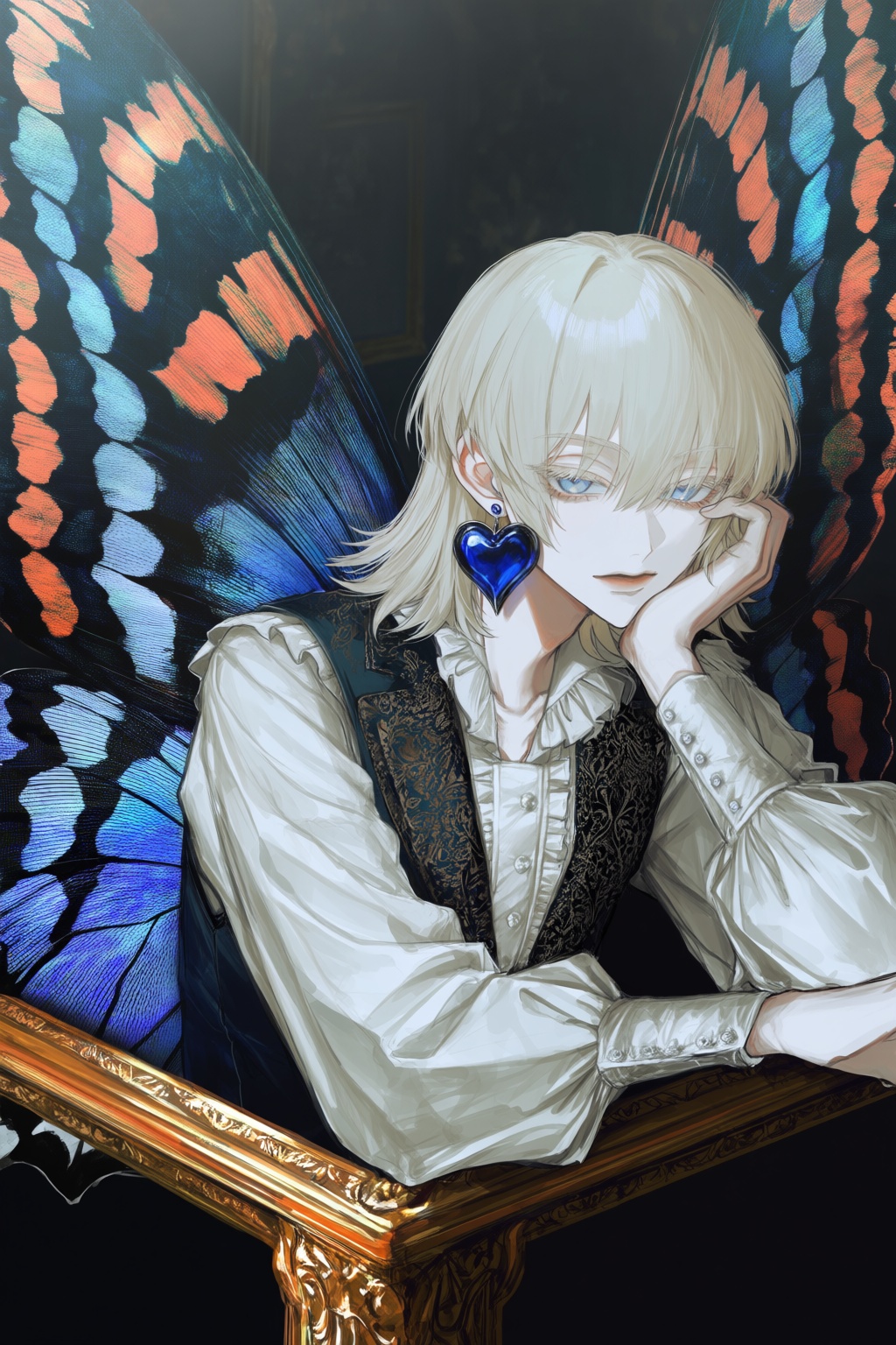 This digital illustration features a pale-skinned person with short,  light blonde hair and piercing blue eyes,  resting t...
