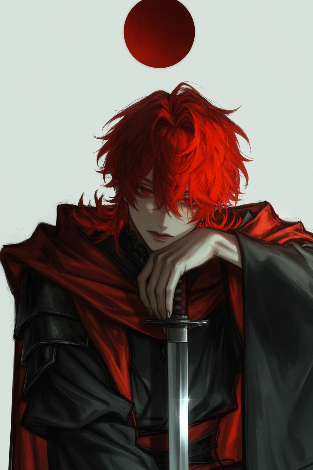 A stylized,  digital illustration depicts a red-haired character in a somber,  intimate pose on Tensor.Art