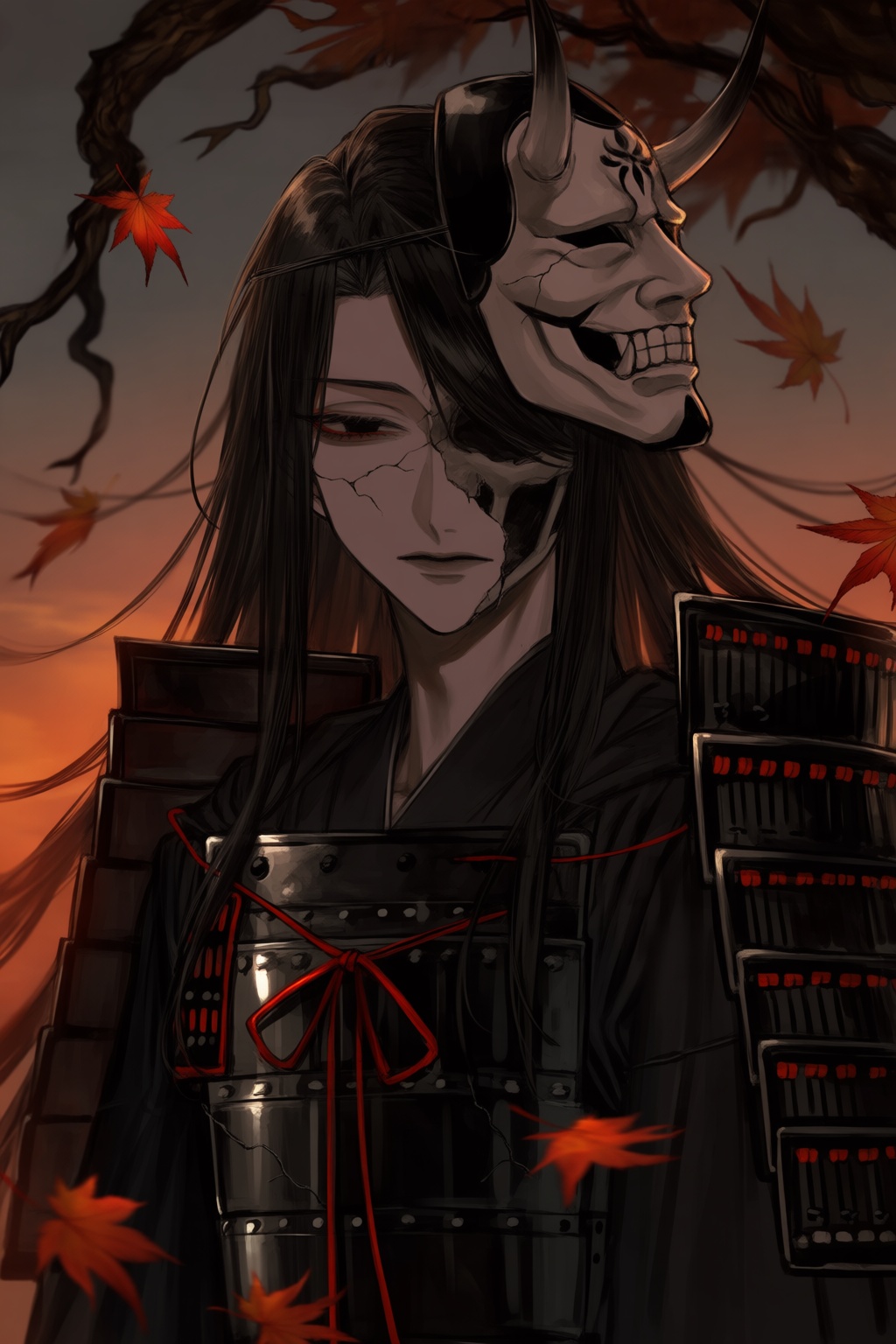 A dark anime-inspired portrait depicts a battle-worn samurai spirit standing beneath falling autumn leaves. Their armor is...