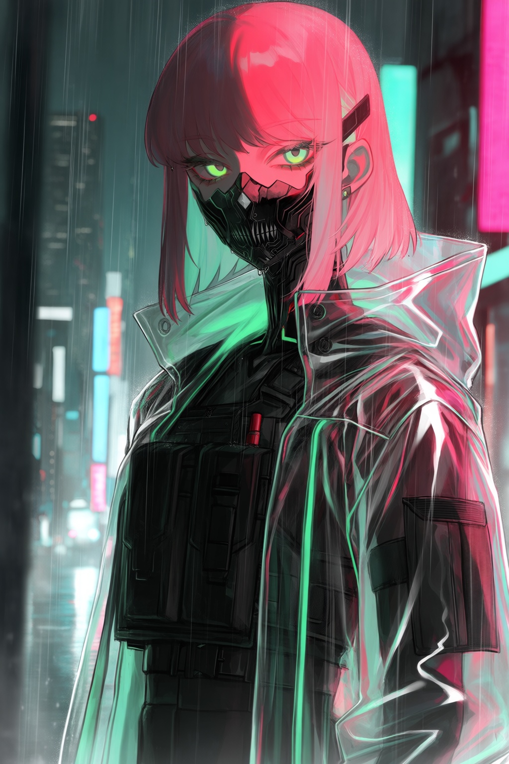 A captivating digital illustration portrays a female figure with a cyberpunk aesthetic standing in the pouring rain. She h...