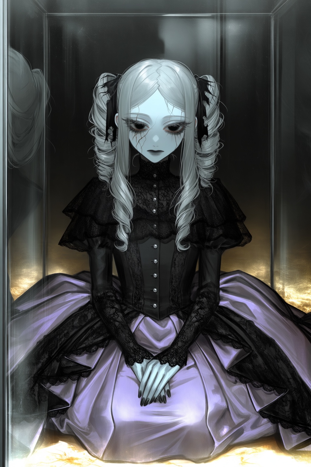 A gothic digital illustration features a lonely doll-like figure sitting inside a glass display case. They have pale blue...