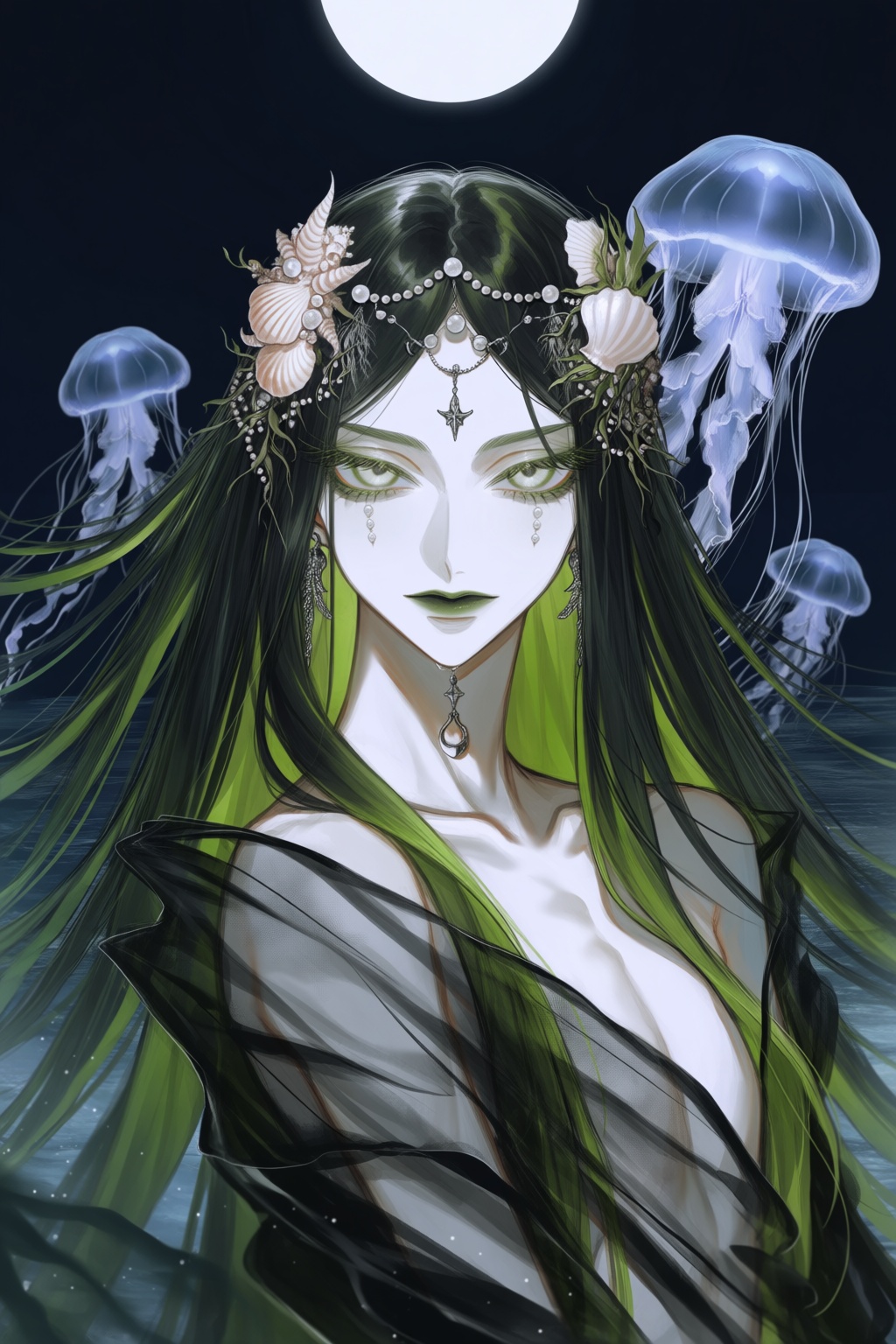 A stylized illustration portrays a pale sea witch emerging from dark water beneath a moonlit sky. Their long green-black h...