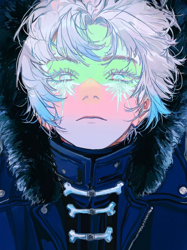 kafk2,  male with messy white hair with pale blue frost tips,  ice-grey eyes with reflective catchlights on Tensor.Art