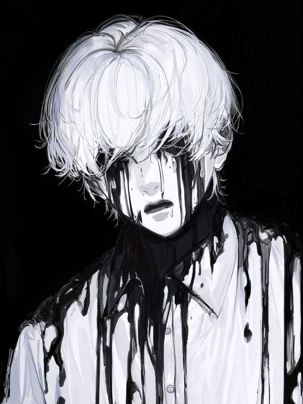 kafk2,  1boy with ink spreading from eyes down face,  black tears on Tensor.Art
