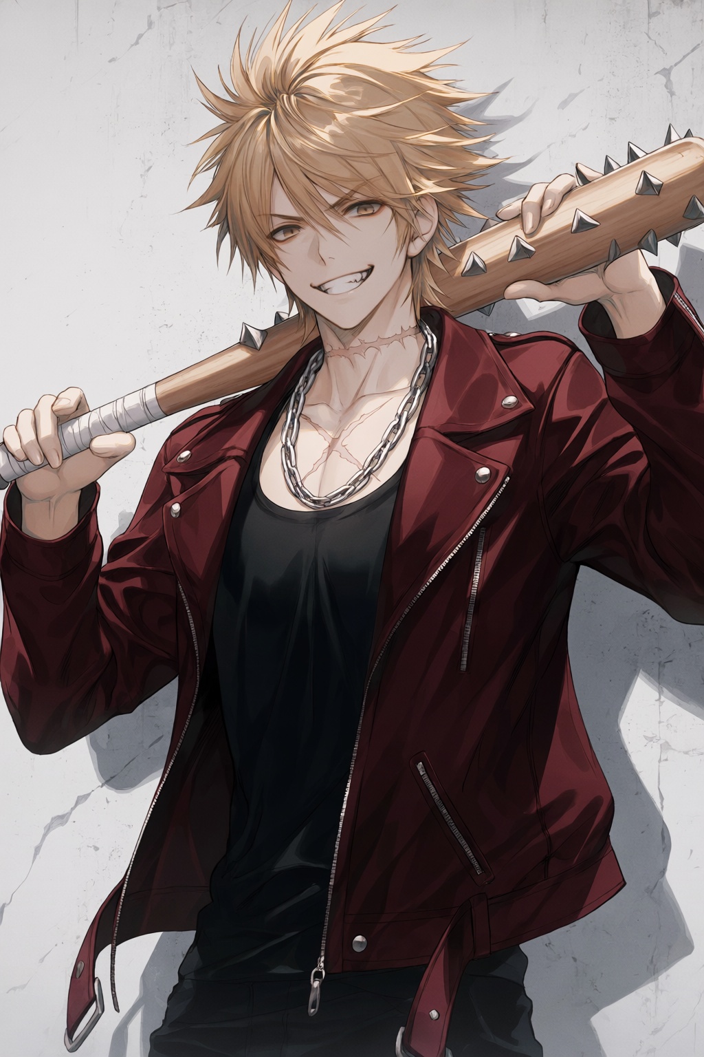 wan_ke Digital anime-style drawing of a rugged young male with wild,  spiky blonde hair and a confident,  aggressive grin....