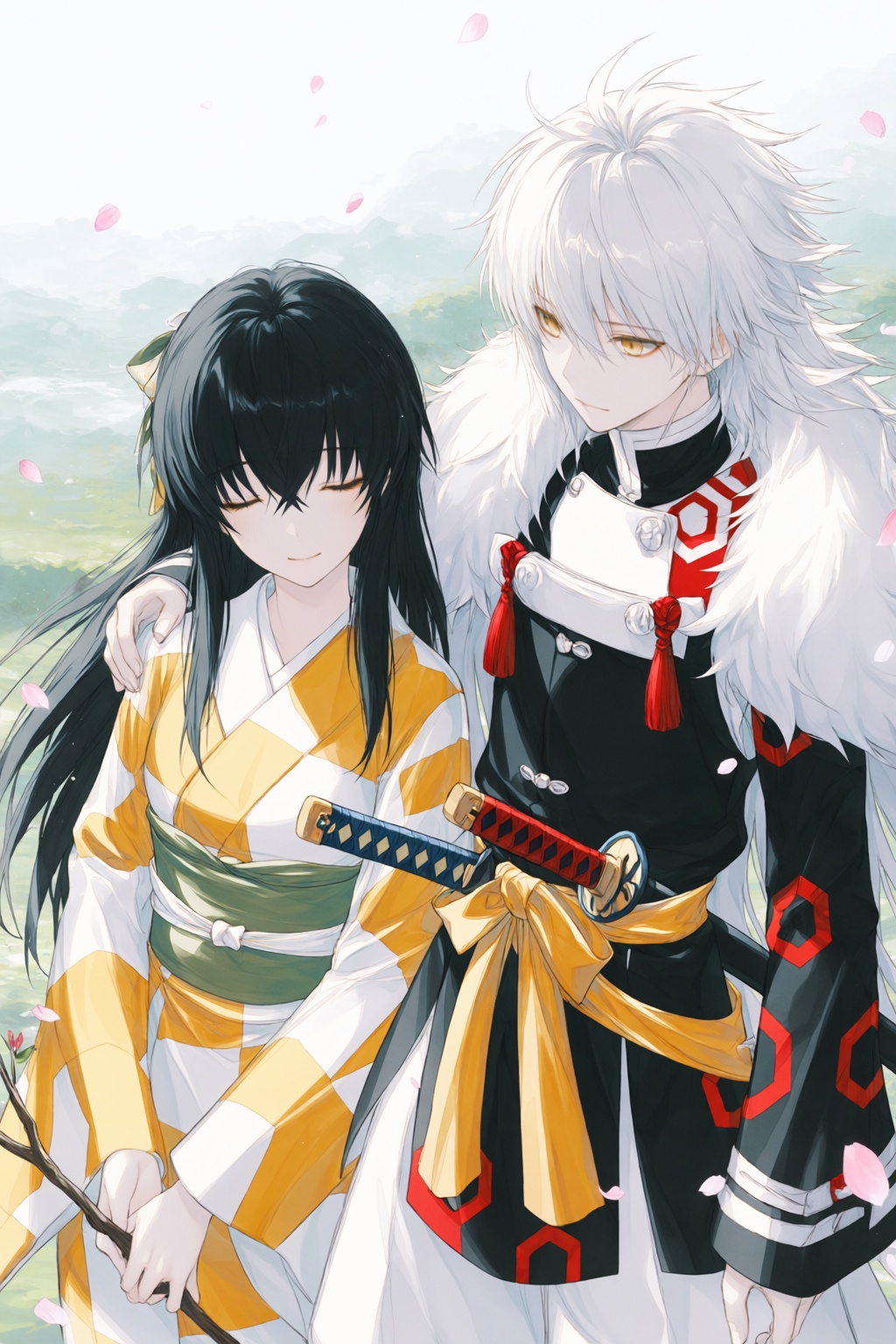 wan_ke Digital anime-style illustration of two characters in a serene outdoor setting. The character on the left has long...