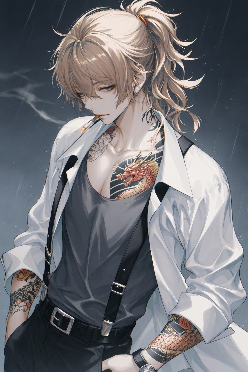 wan_ke Digital anime-style drawing of a male character with wavy,  ash-blonde hair tied in a loose,  messy ponytail. He ha...